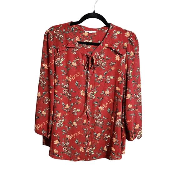 Fun2Fun Women’s Rust Floral Tie-Neck Blouse Size Large - Picture 1 of 5